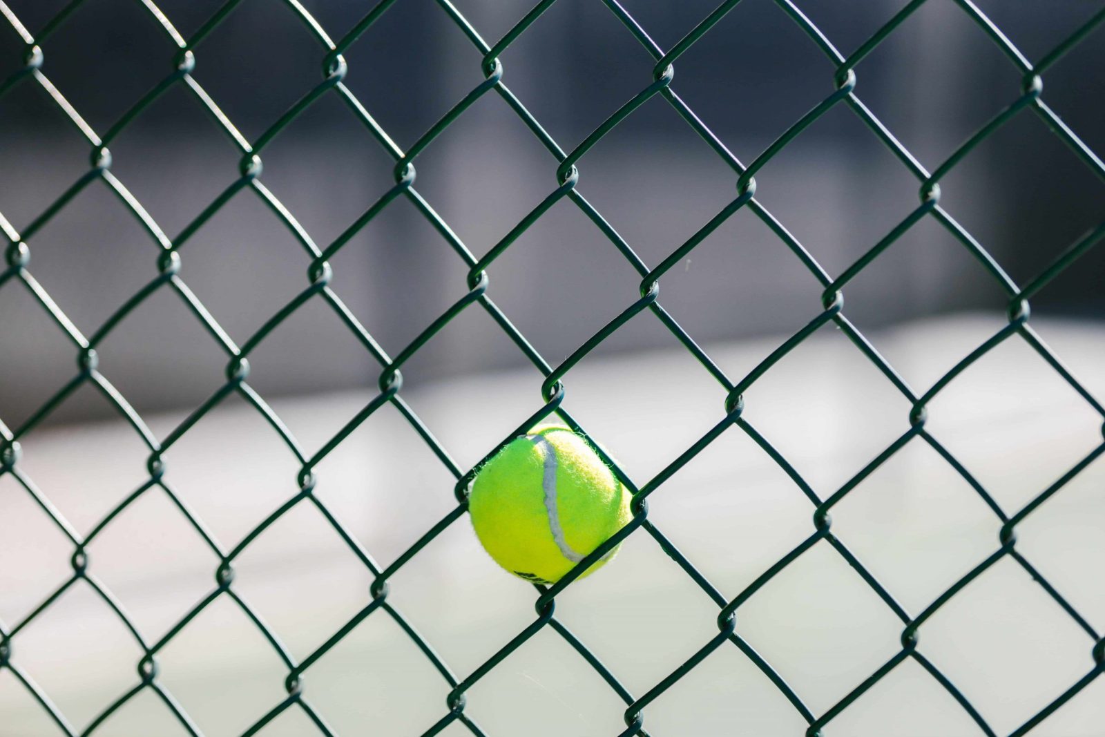 Een gele tennisbal die vastzit in een groen gaashek